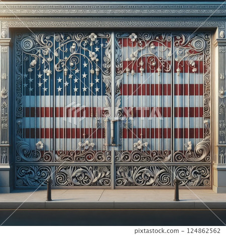 Tariff barriers Iron Gate with USA Flag with Generative AI. Tariff barriers Iron Gate with USA Flag with Generative AI. 124862562