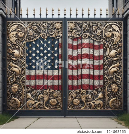 Tariff barriers Iron Gate with USA Flag with Generative AI. Tariff barriers Iron Gate with USA Flag with Generative AI. 124862563