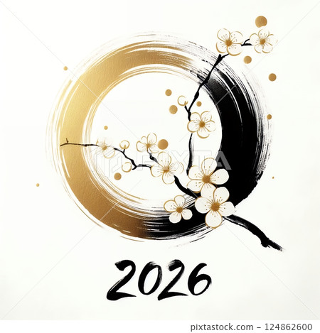 2026 Zen Ink Circle with Gold floral Blossom with Generative AI. 124862600