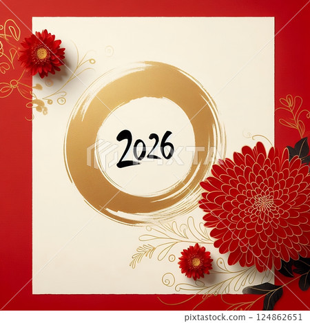 2026 New Year Celebration in Red and Gold Calligraphy Design with Generative AI. 124862651