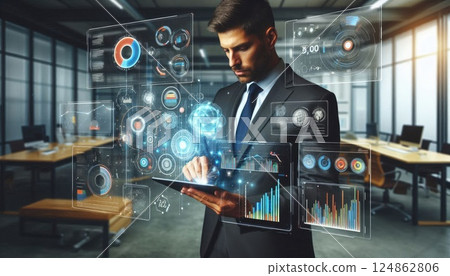 Futuristic Data Analysis and Technology Interface Concept with Generative AI. 124862806