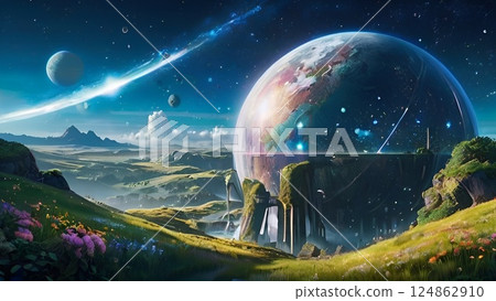 Game background: Solarpunk glass dome city landscape 124862910