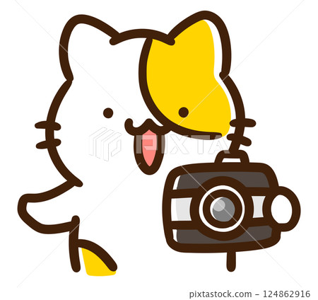 一個可愛的貓咪角色試圖用手中的相機拍照的上半身插圖 一個可愛的貓咪角色試圖用手中的相機拍照的上半身插圖 124862916