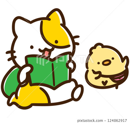 A cute deformed illustration of a cat and a chick character enjoying a trip together 124862917