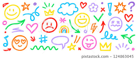 Smile brush hand drawn vector element set. Emoji fun face, heart, crown symbol crayon texture marker background kid sketch style hand drawn element. Scribble shape, smiley face. Vector Smile brush hand drawn vector element set. Emoji fun face, heart, crown symbol crayon texture marker background kid sketch style hand drawn element. Scribble shape, smiley face. Vector 124863045