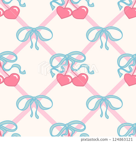 Coquette cherry with bows seamless pattern set. Hart-shaped berries with ribbons on pastel pink and blue colors. Romantic trendy hand-drawn, vector illustration. 124863121