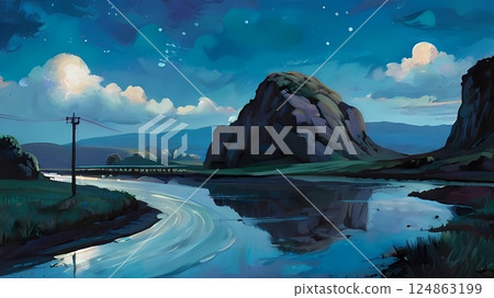 Game background: Dawn scenery with a puddle-filled road with many loops on the outskirts of a village 124863199