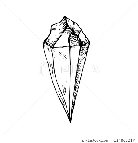 Vector amethyst crystal. Hand painted linear quartz illustration. Graphic monochrome sketch isolated on background. For designers, prints, logo, icon, menu, postcards, holiday, covers 124863217