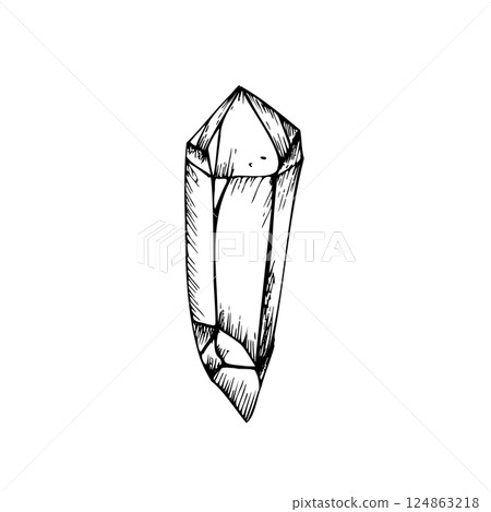 Vector amethyst crystal. Hand painted linear quartz illustration. Graphic monochrome sketch isolated on background. For designers, prints, logo, icon, menu, postcards, holiday, covers 124863218
