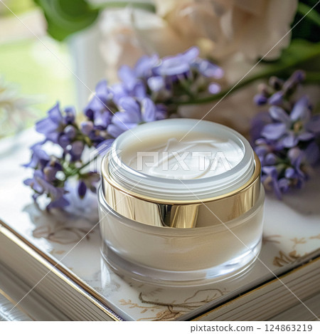 Cosmetic cream in a glass jar. Skin care concept. Background for beauty products 124863219