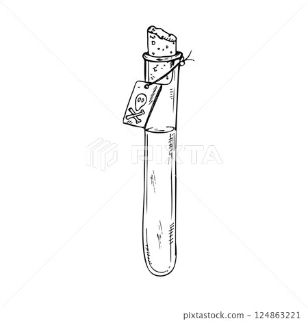Vector Glass potion bottle with cork and death symbol. Hand painted linear wizard halloween illustration. Graphic magic monochrome sketch isolated on background. For designers, prints, logo, icon Vector Glass potion bottle with cork and death symbol. Hand painted linear wizard halloween illustration. Graphic magic monochrome sketch isolated on background. For designers, prints, logo, icon 124863221
