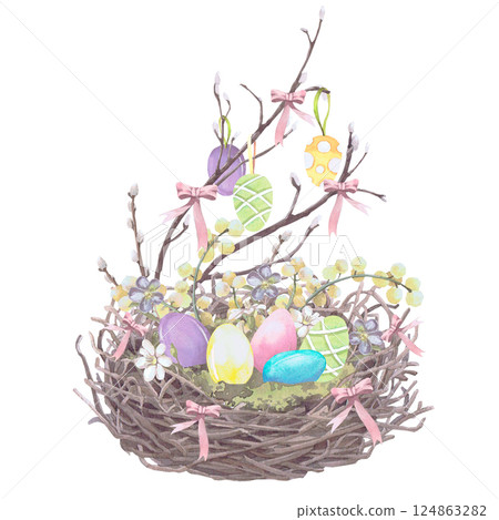 Easter eggs in a wicker nest watercolor illustration isolated on white. The nest with bows, spring flowers and mimosa twigs hand drawn in pastel colors for Easter cards, packaging and festive decor Easter eggs in a wicker nest watercolor illustration isolated on white. The nest with bows, spring flowers and mimosa twigs hand drawn in pastel colors for Easter cards, packaging and festive decor 124863282