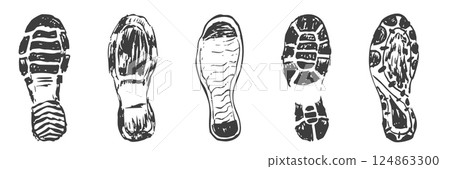 Shoe print boot, foot step silhouette mark. Boot Print textured, grunge. Mountain boot, hiking imprint. 124863300