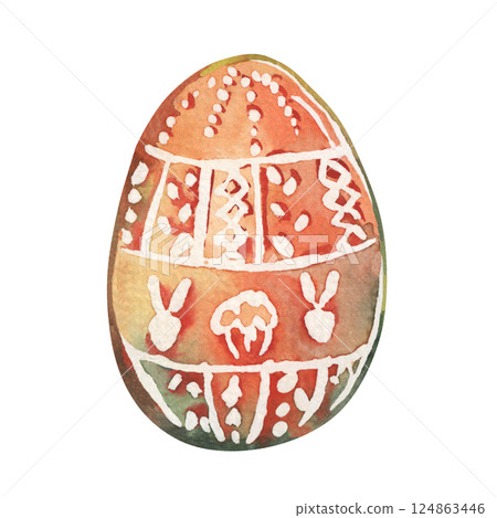 Easter egg is painted and stylized with geometric decorative pattern. Illustration is painted with watercolors of orange color. White ornament of dots, circles, rhombuses, stripes is applied 124863446