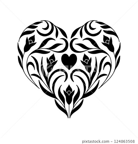 Floral intricate heart linocut design Floral intricate heart linocut design 124863508