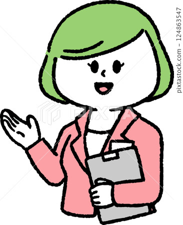 A woman in a suit holding a file and giving an introduction A woman in a suit holding a file and giving an introduction 124863547