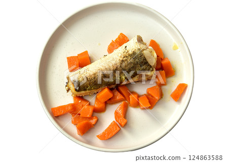 Fried hake fish on a plate. 124863588