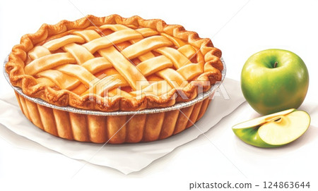 Apple pie on napkin beside green apple on white background 124863644