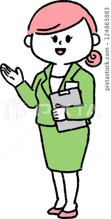 一位身著西裝的女士拿著文件進行演示(全身) 一位身著西裝的女士拿著文件進行演示(全身) 124863883