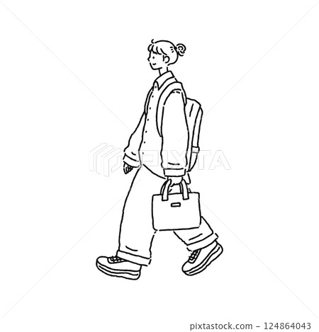 Woman wearing an oversized shirt, line drawing Woman wearing an oversized shirt, line drawing 124864043