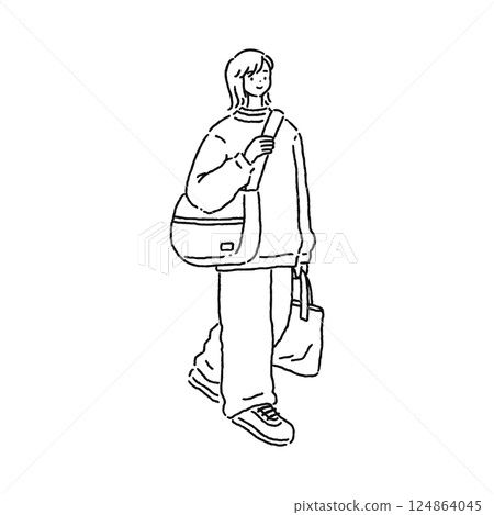 Casually coordinated woman line drawing Casually coordinated woman line drawing 124864045