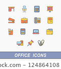 A collection of flat-style office icons representing common work and business tools, such as a desk, chair, calculator, laptop, and folder. Perfect for illustrating office tasks, working environments. 124864108