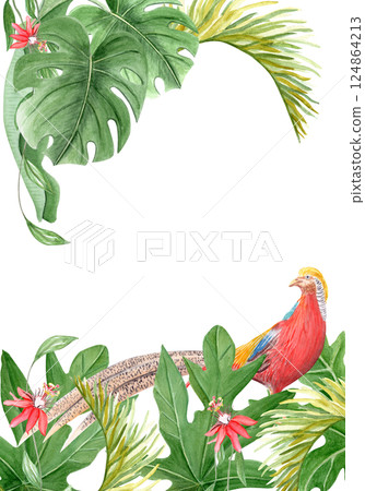Golden pheasant, palm leaves and passion flowers watercolor vertical frame. Hand drawn rainforest nature isolated clipart, sketch style. Exotic paradise bird and plants vertical frame perfect for Golden pheasant, palm leaves and passion flowers watercolor vertical frame. Hand drawn rainforest nature isolated clipart, sketch style. Exotic paradise bird and plants vertical frame perfect for 124864213