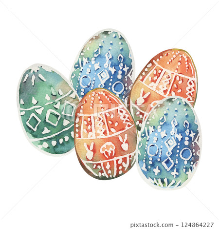 Easter composition of painted eggs with stylized, geometric decorative pattern. Illustration is painted with watercolors of green, blue, orange colors. White ornament of dots, circles, rhombuses 124864227