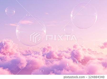 粉紅色的天空和肥皂泡在雲層中飛舞 124864340