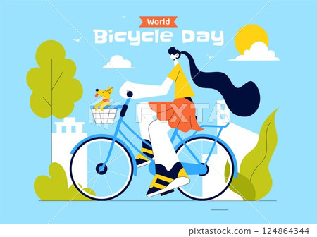 World Bicycle Day Vector Illustration on 3rd June Featuring a Person Riding a Bicycle on a Road with Buildings and Trees in a Flat Style Background World Bicycle Day Vector Illustration on 3rd June Featuring a Person Riding a Bicycle on a Road with Buildings and Trees in a Flat Style Background 124864344