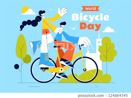 World Bicycle Day Vector Illustration on 3rd June Featuring a Person Riding a Bicycle on a Road with Buildings and Trees in a Flat Style Background World Bicycle Day Vector Illustration on 3rd June Featuring a Person Riding a Bicycle on a Road with Buildings and Trees in a Flat Style Background 124864345