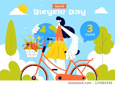 World Bicycle Day Vector Illustration on 3rd June Featuring a Person Riding a Bicycle on a Road with Buildings and Trees in a Flat Style Background 124864346