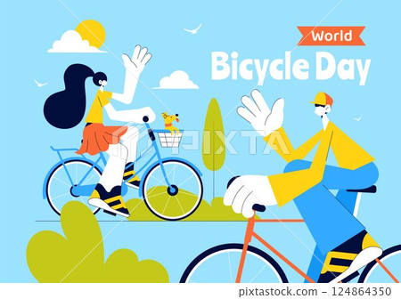 World Bicycle Day Vector Illustration on 3rd June Featuring a Person Riding a Bicycle on a Road with Buildings and Trees in a Flat Style Background World Bicycle Day Vector Illustration on 3rd June Featuring a Person Riding a Bicycle on a Road with Buildings and Trees in a Flat Style Background 124864350