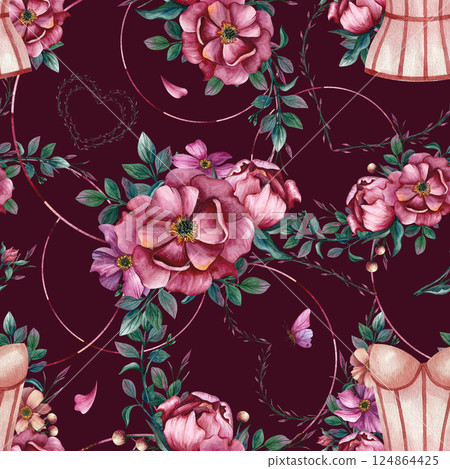 Women corset lingerie, flowers, hearts seamless pattern. Watercolor floral illustration with underwear, peonies isolated on maroon background. Packaging of lingerie stores, bachelorette party cards Women corset lingerie, flowers, hearts seamless pattern. Watercolor floral illustration with underwear, peonies isolated on maroon background. Packaging of lingerie stores, bachelorette party cards 124864425
