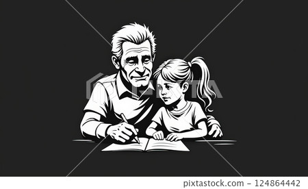 Caring Grandfather and Granddaughter Reading Together in Vintage Graphic Style 124864442