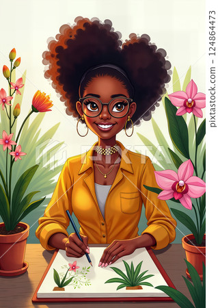 Botanist drawing plants in sketchbook. 124864473