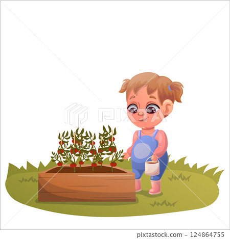 Illustration of a child doing gardening and animal husbandry 124864755