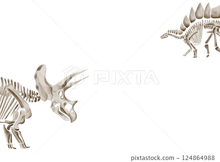 Frame with dinosaur bones. Dinosaur skeletons. Traceratops and stegosaurus. template for text. watercolor illustration without background. hand drawing. High quality illustration Frame with dinosaur bones. Dinosaur skeletons. Traceratops and stegosaurus. template for text. watercolor illustration without background. hand drawing. High quality illustration 124864988