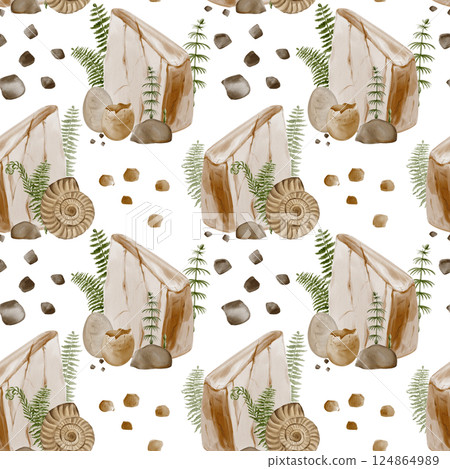 Seamless pattern with stone and dinosaur eggs, decorated with fern and pebbles. Fossils in the rock and prehistoric finds. Poleontology and the Jurassic era. Watercolor illustration. Hand drawing. Seamless pattern with stone and dinosaur eggs, decorated with fern and pebbles. Fossils in the rock and prehistoric finds. Poleontology and the Jurassic era. Watercolor illustration. Hand drawing. 124864989