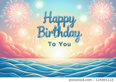 Colorful birthday card with fireworks above the ocean. 124865118