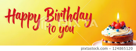 A birthday cake with a lit candle and Happy Birthday to you text. 124865120