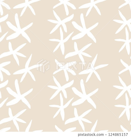 Seamless pattern with hand-drawn starfish on beige background. Nautical marine repeat design in minimalist line art style.  124865157