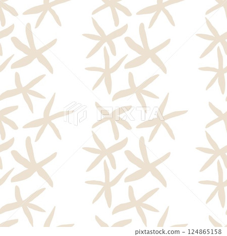 Seamless pattern with hand-drawn beige starfish on white background. Nautical marine repeat design in minimalist line art style.  124865158