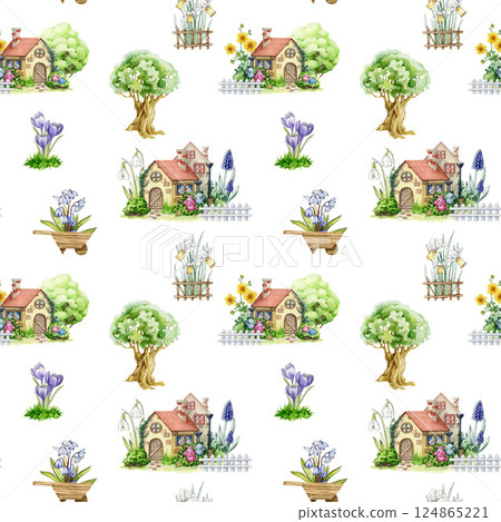 Spring season mood seamless pattern decoration element. Hand drawn watercolor illustration. Small cute vintage houses decorated with primrose flowers, daffodils, snowdrops, crocus on white background 124865221