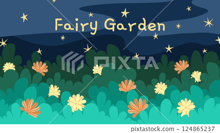 Decorative banner with spring bush and yellow orange flowers. Vector illustration with bright blossoms, leafy lush green and starry night background. Decorative banner with spring bush and yellow orange flowers. Vector illustration with bright blossoms, leafy lush green and starry night background. 124865237
