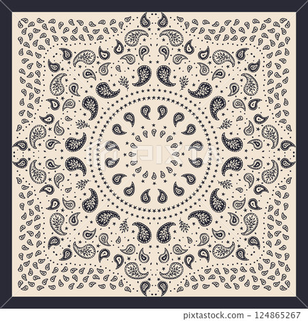 Black and white scarf or bandana design with paisley mandala pattern. Ethnic monochrome carpet design 124865267