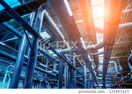 Air conditioning of buildings. Background of ventilation pipes.  124865423