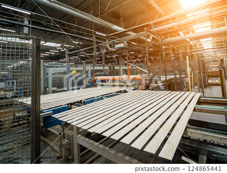 Production line of the wooden floor factory. CNC automatic woodworking machine. 124865441