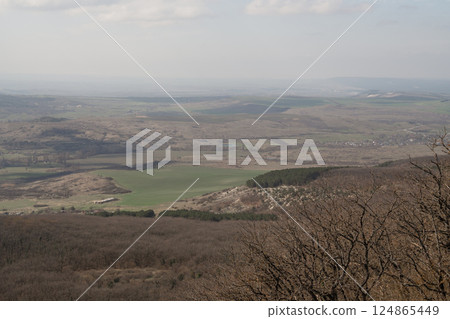Landscape view Valley. Valley landscape observed from mountainside in daytime for exploration or panorama. 124865449