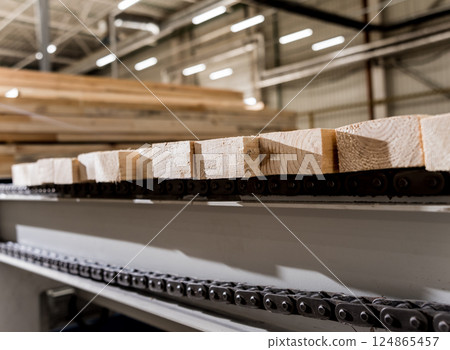 Production line of the wooden floor factory. CNC automatic woodworking machine. 124865457